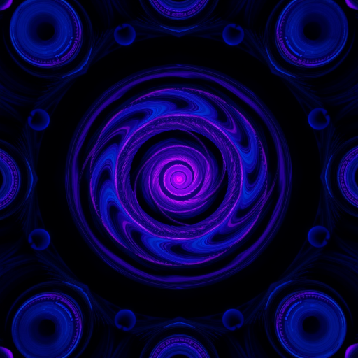 generate an abstract pattern of swirling colorful circles in shades of purple and blue on a dark background with high resolution, ISO 100, aperture f/8, 50mm lens, macro photography, top-down view