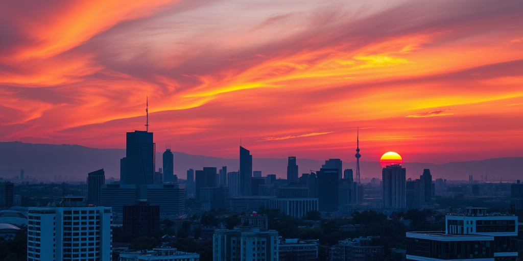sunset over a city skyline with modern buildings, vibrant orange and purple sky, captured during golden hour with a Canon EOS R5, 24mm lens, f/8, ISO 100, 1/60s, wide angle view, high dynamic range for enhanced colors and details