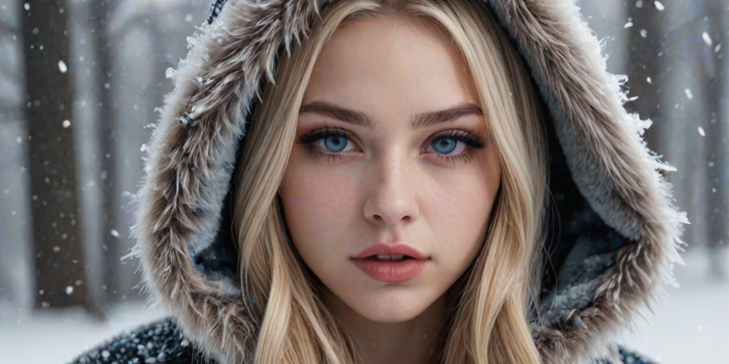 close-up of a stunning gothic style young woman with long straight blonde hair, detailed ice blue doe eyes, full lips, tinted lip gloss, flushed, perfect skin, large fangs, fur coat with hood and animal ears on hood, realistic and delicate facial features, light snow fall with large snow flakes,  photorealistic rendering, One hand resting on the chin, shoulders slightly hunched, head tilted slightly downwards. detailed photorealism style, detailed skin pore style, perfection style