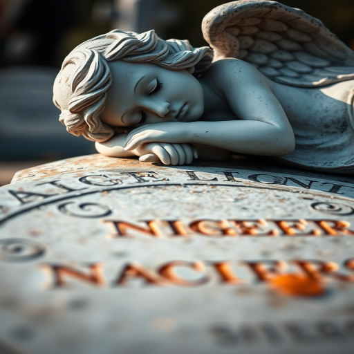 Close-up of a sleeping angel statue on a gravestone, shallow depth of field, soft natural lighting, aperture f/2.8, ISO 100, 50mm lens, DSLR camera, focus on the texture of the statue and the engraved text.