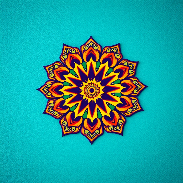 Create a vibrant mandala pattern on a textured teal background, using a DSLR camera with a 50mm lens, aperture set to f/1.8, ISO 200, and a shallow depth of field for enhanced image quality and clarity.