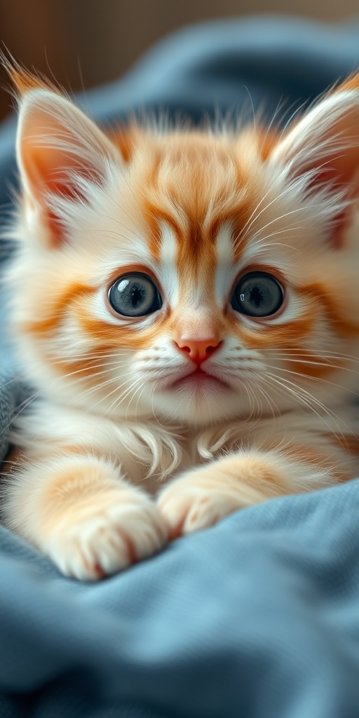 Cute fluffy kitten with big round eyes resting in denim fabric looking adorable and playful