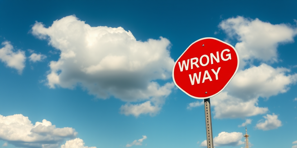 Generate an image of a bright red "WRONG WAY" road sign against a clear blue sky with fluffy white clouds, using a DSLR camera with a 50mm lens, aperture set to f/8, ISO 100, and a high dynamic range to enhance the image quality.