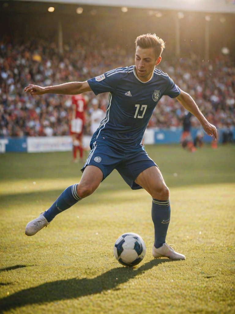 Blurry action shot of a soccer player mid-kick during a game, with soft sunlight filtering through the stadium and a cheering crowd softly blurred in the background.