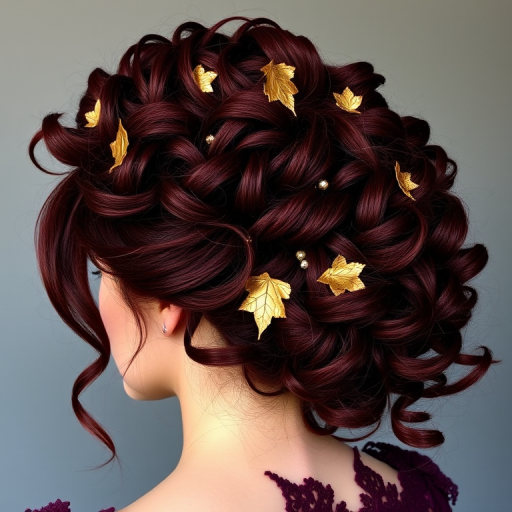 Rich burgundy curls piled high in a voluminous updo with cascading tendrils, adorned with delicate gold leaf accents for a regal, autumnal look dubbed Vineyard Empress