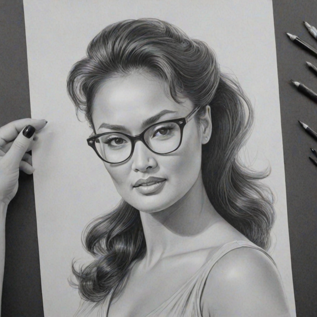Fascinating Tia Carrere, pencil sketch, portrait of Graceful woman 1950s in glasses, hair style beatnik, outline, clear lines, fine lines, 8k