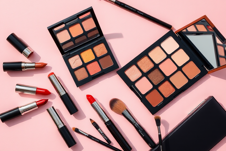 Create a flat lay composition of makeup items including lipsticks, eyeshadow palettes, brushes, and a mirror on a soft pink background, captured with a DSLR camera at a 50mm lens, aperture f/1.8, ISO 100, natural lighting for enhanced colors and shadows.