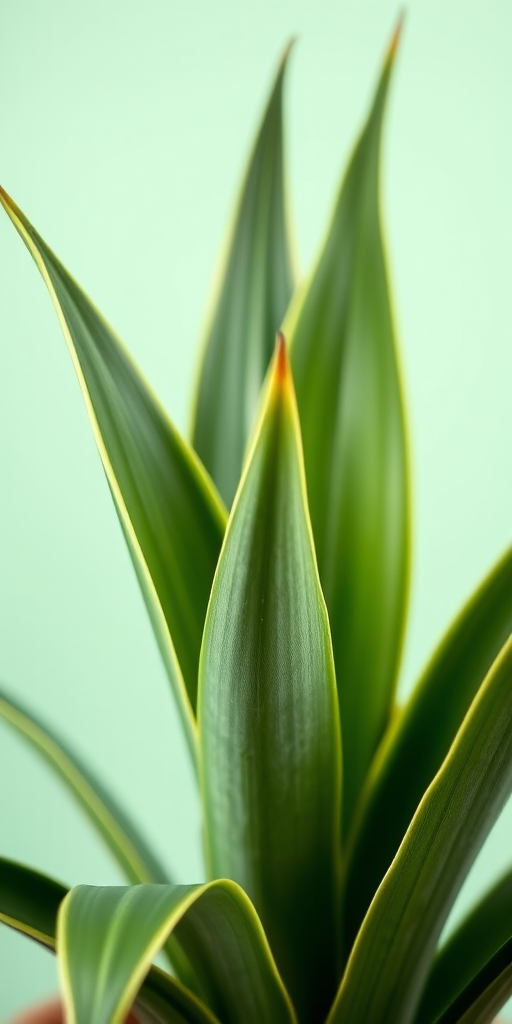 Capture a close-up image of a Sansevieria plant against a soft mint green background with a shallow depth of field, using a DSLR camera with a 50mm lens, aperture set to f/2.8, ISO 100, and shutter speed 1/200s.