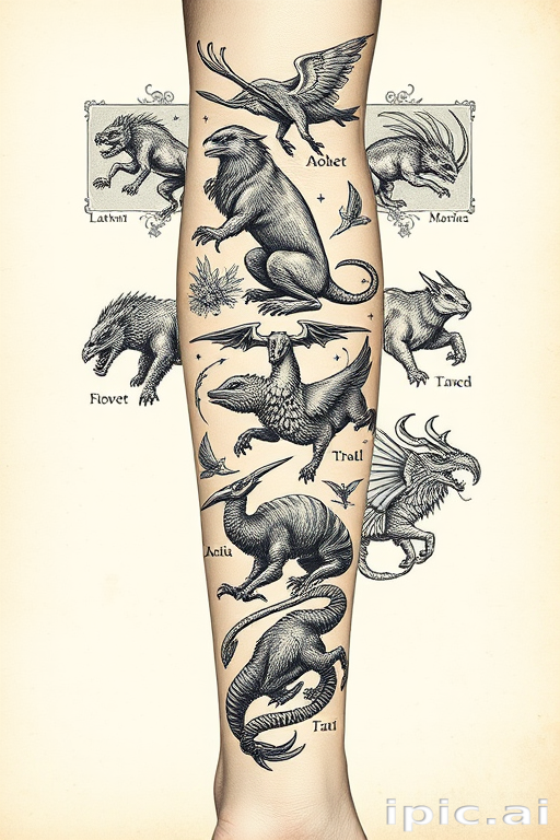 Etching-style tattoo called "Mythic Menagerie" showcasing a collection of fantastical creatures inspired by medieval bestiaries, rendered in intricate crosshatching and stippling techniques, with Latin names and decorative borders framing each beast, ideal for forearm or leg sleeve