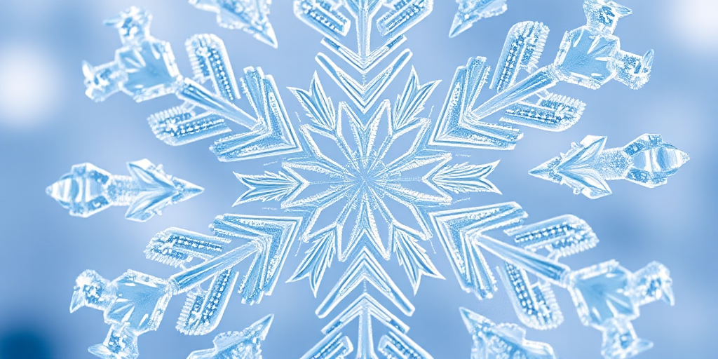 Create a detailed, high-resolution image of an intricate snowflake with symmetrical patterns, using a DSLR camera at f/8 aperture, 50mm lens, ISO 100, shot from a close-up view with soft natural lighting to highlight texture and details.