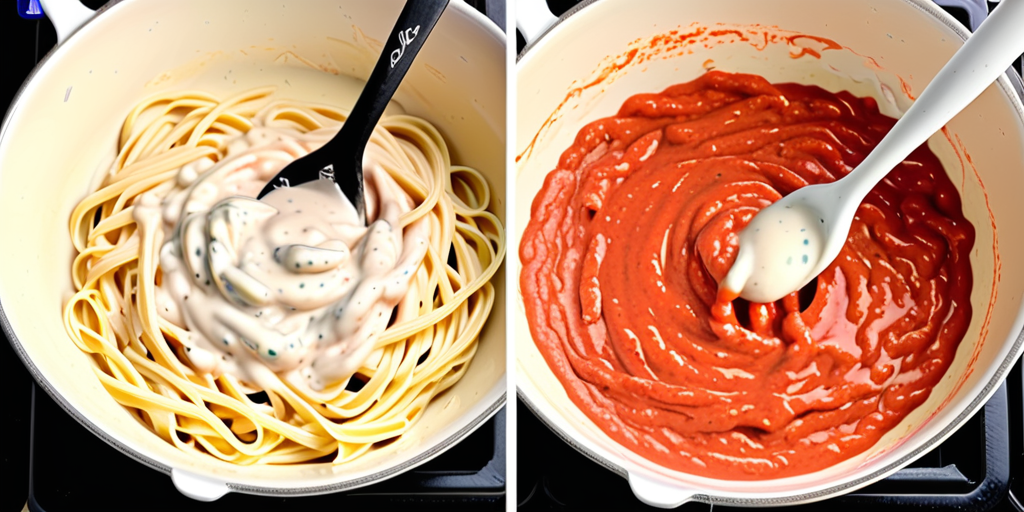 mixing alfredo sauce with tomato sauce