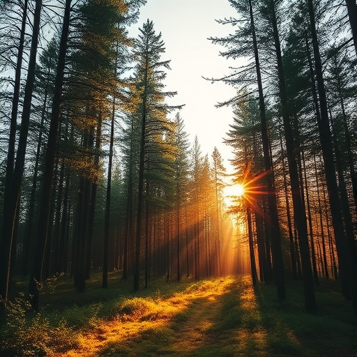 Create a high-resolution image of a peaceful forest landscape during golden hour light, captured with a Canon EOS R5, using a 24mm f/1.4 lens, aperture set to f/8, ISO 100, and a shutter speed of 1/125s.