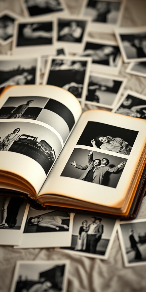 Vintage photo album open on a scattered collection of black and white photographs, captured with a Canon EOS R5, 50mm lens, f/1.8 aperture, ISO 100, natural light, shallow depth of field.