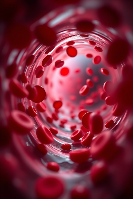 Create a hyper-realistic image of red blood cells flowing through a narrow blood vessel, using a 50mm lens, aperture set to f/2.8, ISO 200, with a close-up view to capture details, in a cinematic style, using a DSLR camera for enhanced quality.