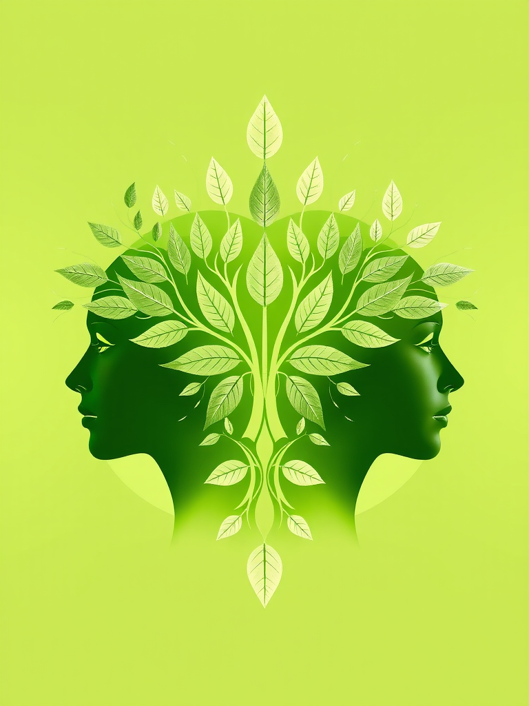 Create a symmetrical design featuring two human faces in profile, with flowing leaf patterns merging into their hair, set against a soft green background, captured with a DSLR camera at f/8, ISO 100, 50mm lens, natural lighting for enhanced clarity and detail.