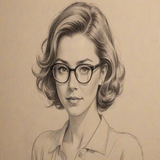 Fascinating Christa Miller, pencil sketch, portrait of Captivating woman 1945s in glasses, hair style beatnik, outline, clear lines, fine lines, 8k