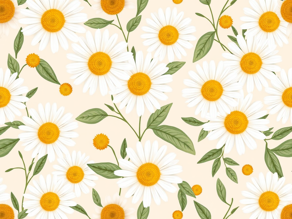 create a seamless pattern featuring white daisies with yellow centers and green leaves on a light beige background