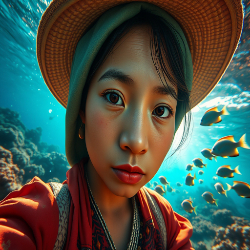 Realistic selfie image of a Burmese, wearing a vintage outfit, detailed dreamy eyes, droopy hooded eyes, staring at the camera, taken underwater at coral reef with a sunbeam filtering through the water, vibrant, summer vacation, natural lighting, turtle and school of tropical fish with vibrant colors, rendered in the style of CryEngine, Pegi Nicol MacLeod, with realistic genre scenes, hauntingly beautiful narratives, ultra-realism, and Thomas Saliot's close-up technique, 8K resolution, crystal clear and sparkling water.