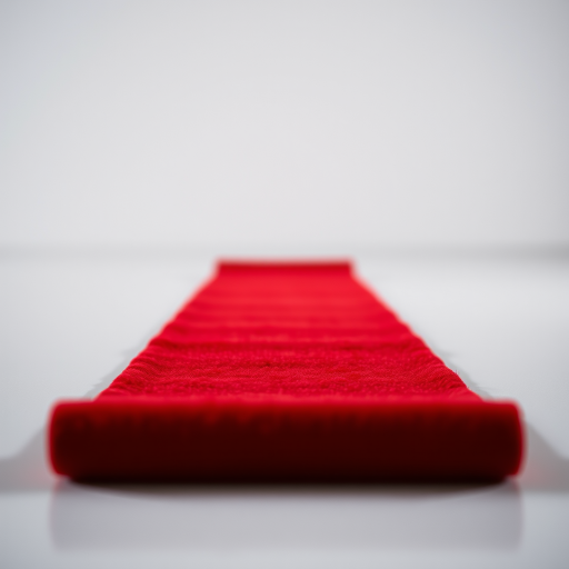 Create a high-resolution image of a red carpet rolled out on a smooth surface, using a DSLR camera with a 50mm lens, aperture set at f/2.8 for shallow depth of field, ISO 100 for clarity, and a soft, diffused light to enhance the carpet's texture and color.