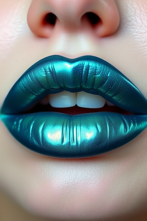 Duochrome teal lip lacquer "Mermaid's Kiss" with blue-green shift and high-gloss finish, perfect for underwater-inspired looks and creative makeup, water-resistant formula