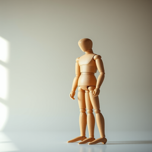 Create a high-resolution image of two wooden mannequins standing in a minimalist studio setting, using a DSLR camera with a 50mm lens, aperture set to f/1.8, ISO 200, shutter speed 1/125s, natural lighting, and a shallow depth of field to enhance detail and focus on the mannequins while softly blurring the background.