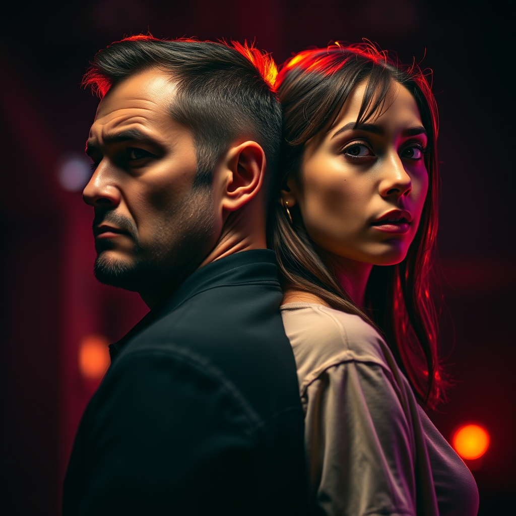 Create a dramatic portrait of a man and a girl back-to-back, with intense expressions, illuminated by colorful lighting that suggests a tense atmosphere; use a Canon EOS R5 camera, standard lens at f/2.8, ISO 100, 1/200 second shutter speed, side view angle, cinematic style for enhanced detail and depth.