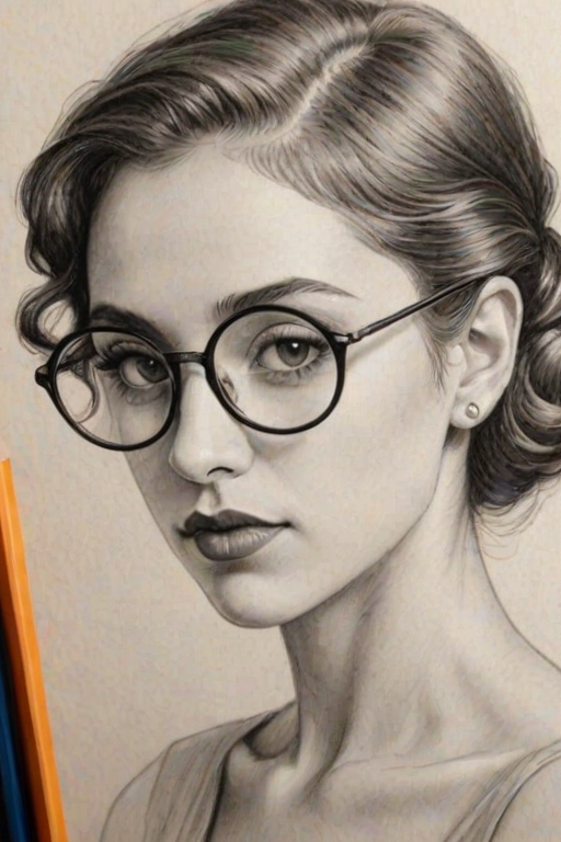 Gorgeous Ariana Greenblatt, pencil sketch, portrait of Captivating woman 1928s in glasses, hair style beatnik, outline, clear lines, fine lines, 8k