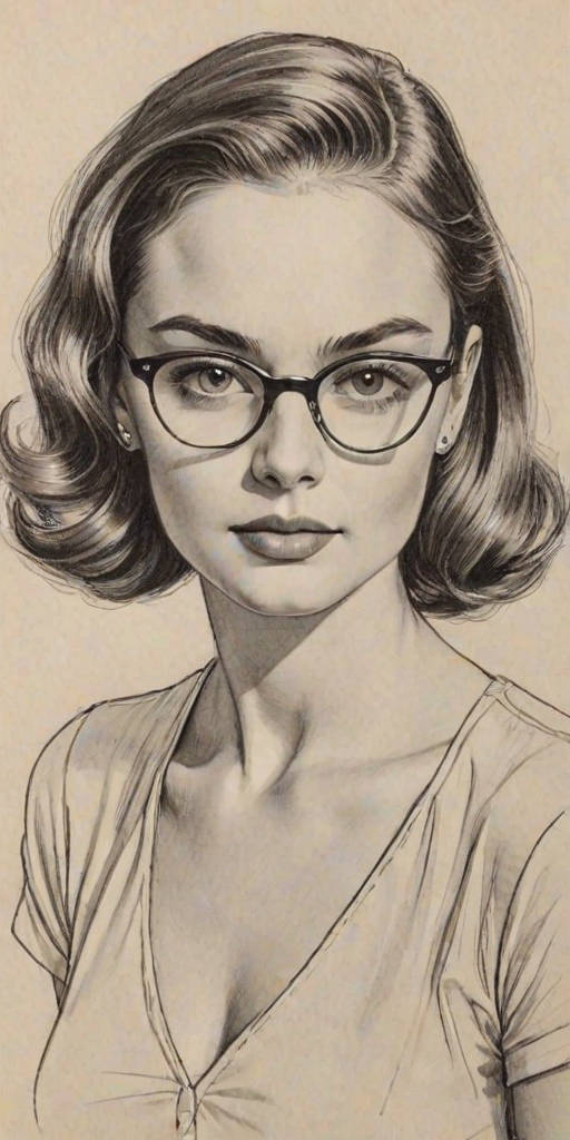 Elegant Charlotte Lawrence, pencil sketch, portrait of Delightful woman 1941s in glasses, hair style beatnik, outline, clear lines, fine lines, 8k