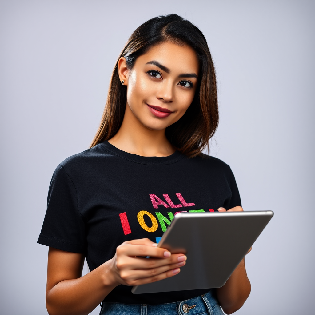 portrait of a woman holding a tablet wearing a black t-shirt with colorful text, bright studio lighting, shallow depth of field, 50mm lens, f/1.8 aperture, ISO 100, natural skin tones, high contrast, Canon EOS R5