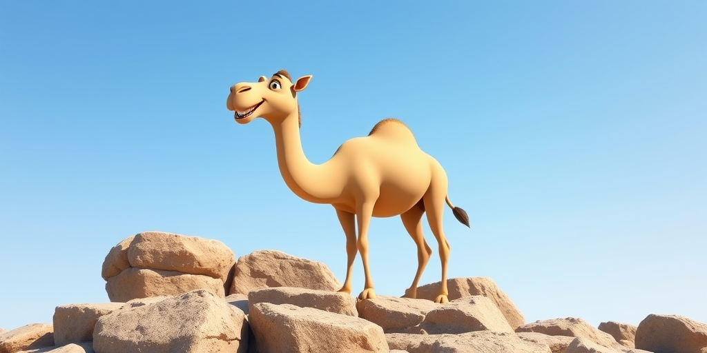 Generate a cartoon-style image of a happy camel standing on rocks under a clear blue sky, using a DSLR camera with a 50mm lens, aperture f/2.8, ISO 100, and a shallow depth of field for enhanced focus and clarity.