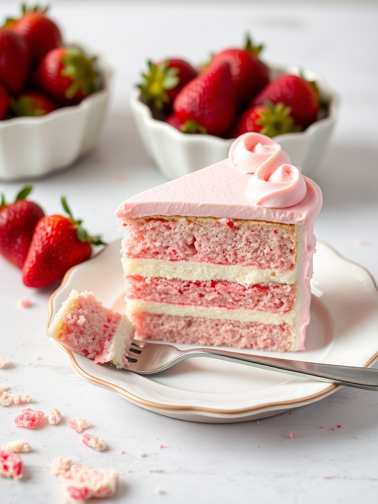A slice of cake on a decorative white plate with a fork beside it the cake has pink and white layers and is topped with pink frosting a bowl of fresh strawberries is in the background along with some crushed cake crumbs scattered around