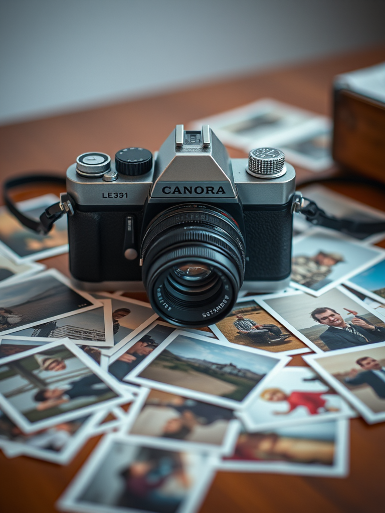 Regenerate an image of a vintage camera placed on a table surrounded by scattered photographs, with a depth of field effect, using a DSLR camera with a 50mm lens, aperture set to f/1.8, ISO 100, and a shutter speed of 1/125s for enhanced clarity and detail.