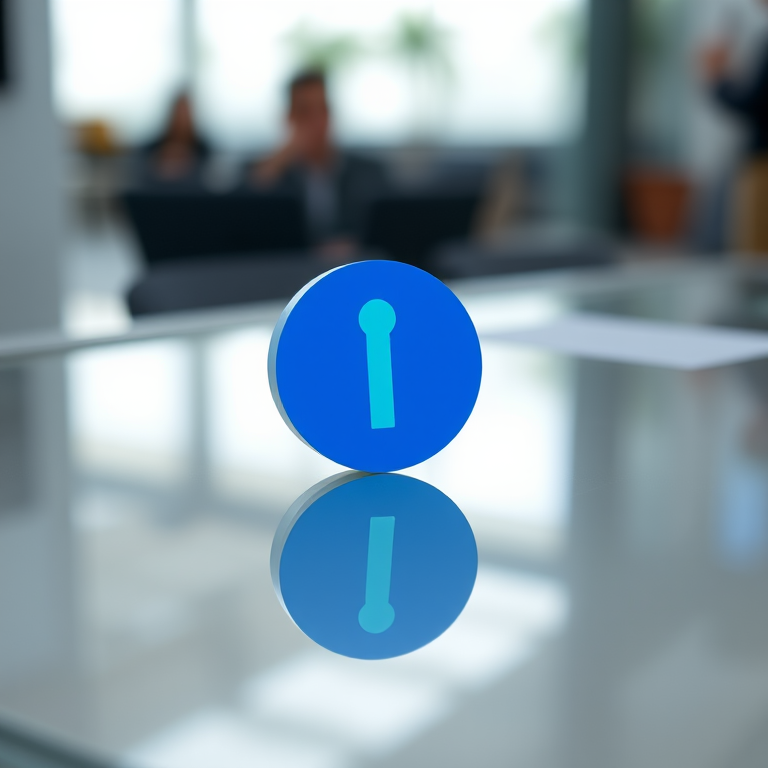 Create a high-resolution image of a round blue information icon on a glossy surface, using a DSLR camera with a focal length of 50mm, aperture set to f/2.8, ISO 100, 1/200s shutter speed, with a shallow depth of field and soft lighting to enhance reflections.
