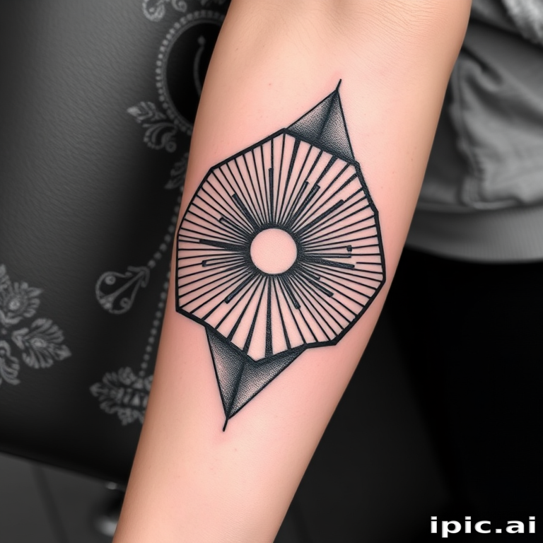 Bold geometric body tattoo covering the forearm, showcasing precise linework and optical illusions in stark black and white contrast, creating a mesmerizing 3D effect