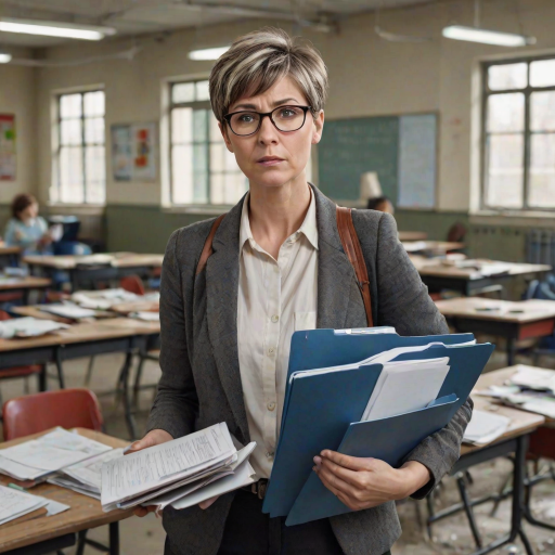 realistic short haired teacher wearing glasses holding some folders standing outside a chaotic classroom exhausted and broken