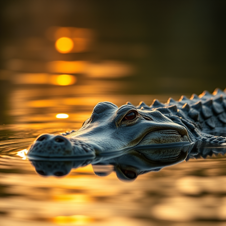 Capture a close-up shot of a crocodile partially submerged in calm water during golden hour, using a DSLR camera with a 200mm lens, aperture set to f/4, ISO 100, and shutter speed at 1/500s for optimal clarity and detail.