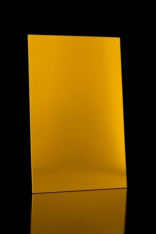 Generate a highly reflective, standing golden rectangular panel on a solid black background, captured with a DSLR camera at f/1.8, 1/60s shutter speed, ISO 100, using a 50mm lens in soft natural lighting for enhanced clarity and depth.