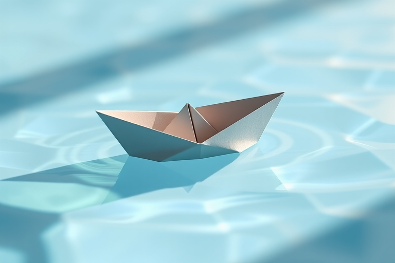 Create a high-resolution image of a gray origami boat floating on light blue water with soft natural lighting, using a DSLR camera with a 50mm lens, f/2.8 aperture, ISO 100, and a shallow depth of field.
