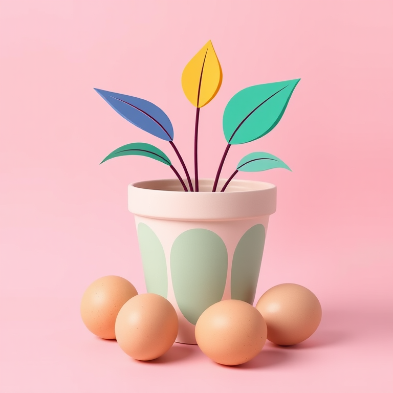 Create a vibrant and modern illustration featuring a stylized flower pot with abstract leaves, surrounded by four eggs on a soft pink background, using an illustration style with clean lines and flat colors, 35mm lens, f/8 aperture, and soft lighting for enhanced clarity and detail.