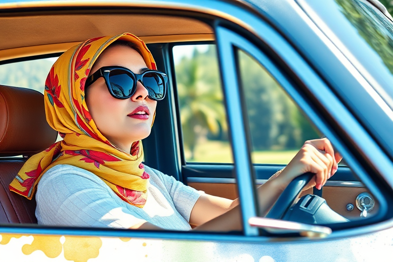 Regenerate a vibrant watercolor illustration of a woman driving a vintage car, capturing her wearing sunglasses and a headscarf with bright colors, using a DSLR camera at f/2.8 aperture, ISO 100, 50mm lens, shot in natural light from a side angle to emphasize the dynamic motion and elegant style.