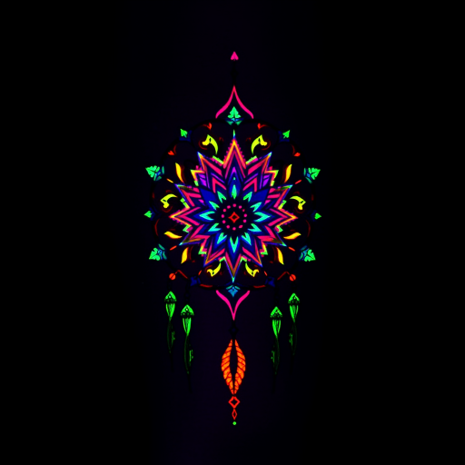 Psychedelic blacklight tattoo showcasing a kaleidoscopic dreamcatcher with fluorescent ink accents, visible only under UV light for a mind-bending secret design