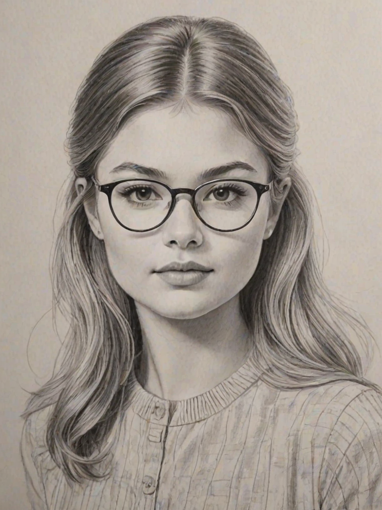 Stunning Stefanie Scott, pencil sketch, portrait of Resplendent woman 1967s in glasses, hair style beatnik, outline, clear lines, fine lines, 8k