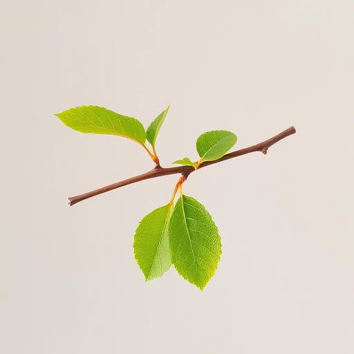 Create a realistic image of a brown twig with vibrant green leaves on a plain background, using a DSLR camera with a 50mm lens, aperture set to f/2.8, ISO 100, and soft natural lighting to enhance details and texture.
