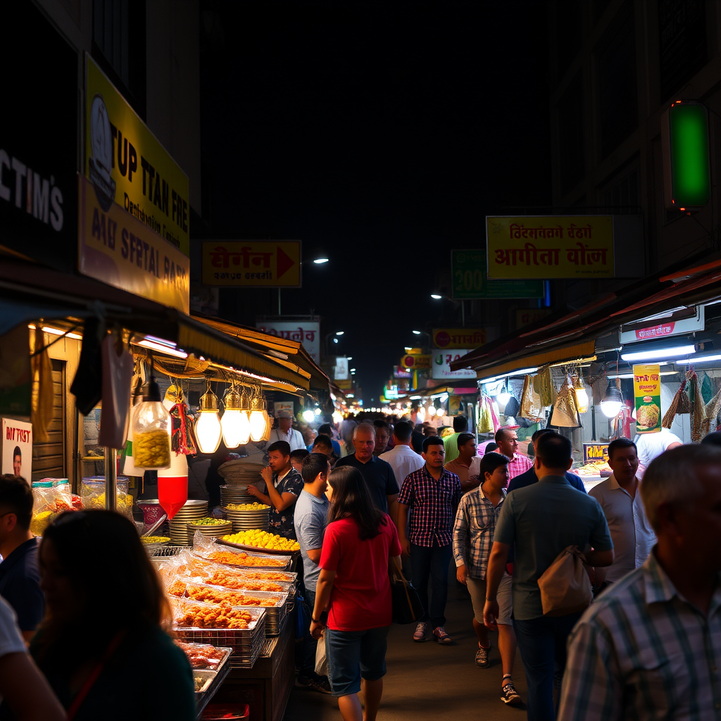 Bustling street market at night, with food stalls serving delicious treats, the aroma of spices in the air, and vibrant lights creating an inviting atmosphere.