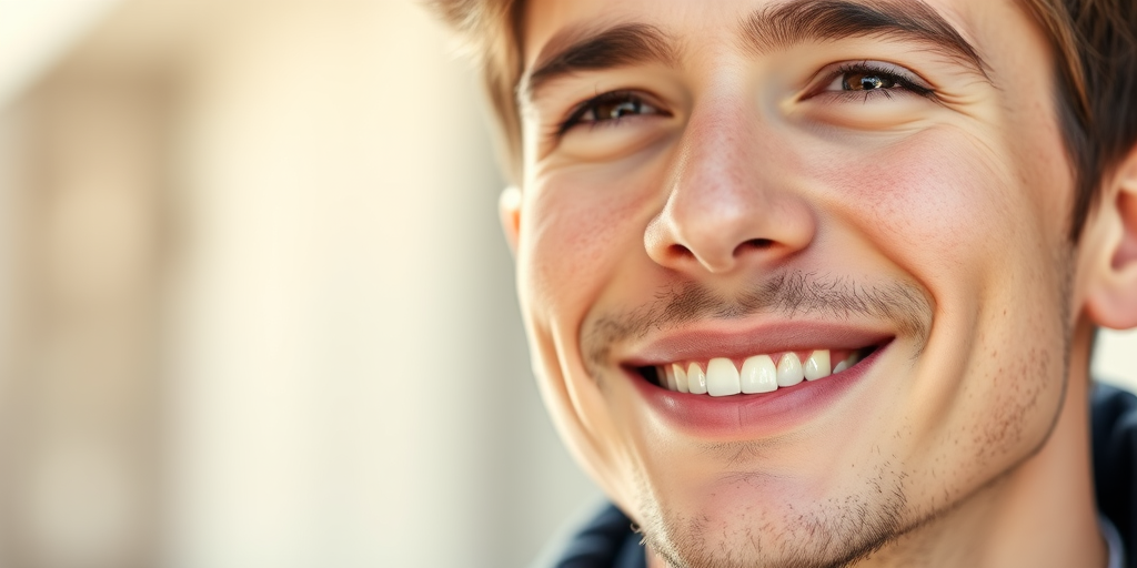 Generate a high-resolution close-up portrait of a young man with a confident smile, use a DSLR camera with a 50mm lens, aperture set to f/1.8, ISO 200, natural daylight for lighting, soft focus background to emphasize detail and expression.