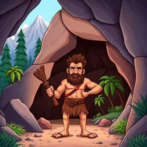 Create a vibrant cartoon illustration of a caveman standing confidently outside a cave, holding a wooden club and surrounded by a lush prehistoric landscape with mountains and trees in the background, use a Canon EOS R5 camera with a 50mm lens, aperture f/1.8, ISO 100, natural lighting for depth and clarity.