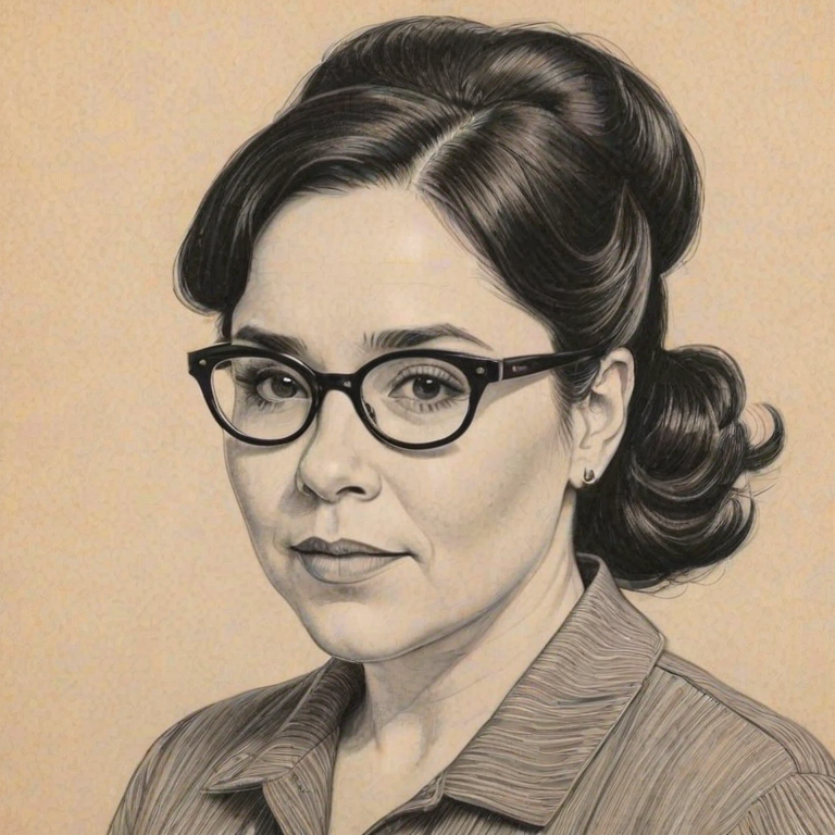 Magnificent Alex Borstein, pencil sketch, portrait of Delightful woman 1953s in glasses, hair style beatnik, outline, clear lines, fine lines, 8k