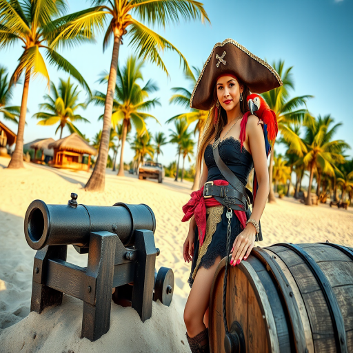 Create a vibrant pirate scene featuring a female pirate with a parrot on her shoulder, standing beside a cannon and wooden barrels on a sandy beach surrounded by palm trees, shot with a DSLR camera at f/2.8, ISO 100, 50mm lens, in natural light, using a low angle view for dynamic perspective and a shallow depth of field to highlight the pirate in sharp detail while softly blurring the background.
