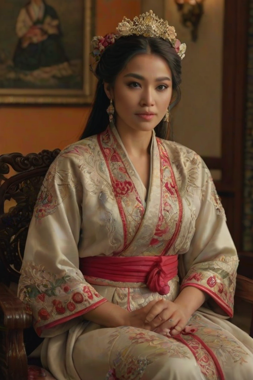 A beautiful Latino woman in traditional East Asian attire, intricately detailed with embroidered patterns, sitting gracefully in a richly decorated room, soft ambient lighting, serene and elegant, ultra-realistic, 8K resolution