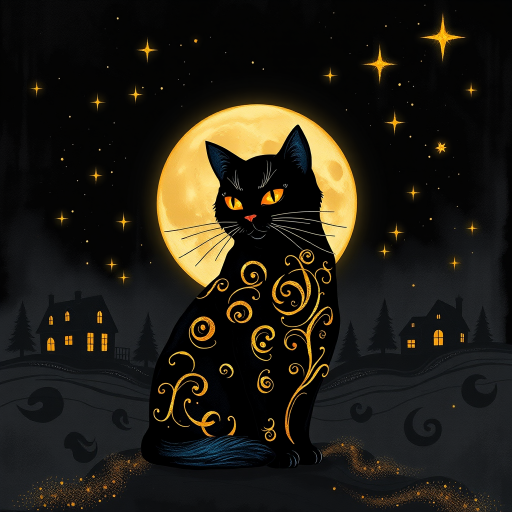 a stylized black cat with iridescent golden arabesques all over its body, on a grungy smoky black background with matching celestial designs, a full moon with silhouettes of lit houses, bright shooting stars, dazzling, magical BG, reminiscent of Christmas wonderland